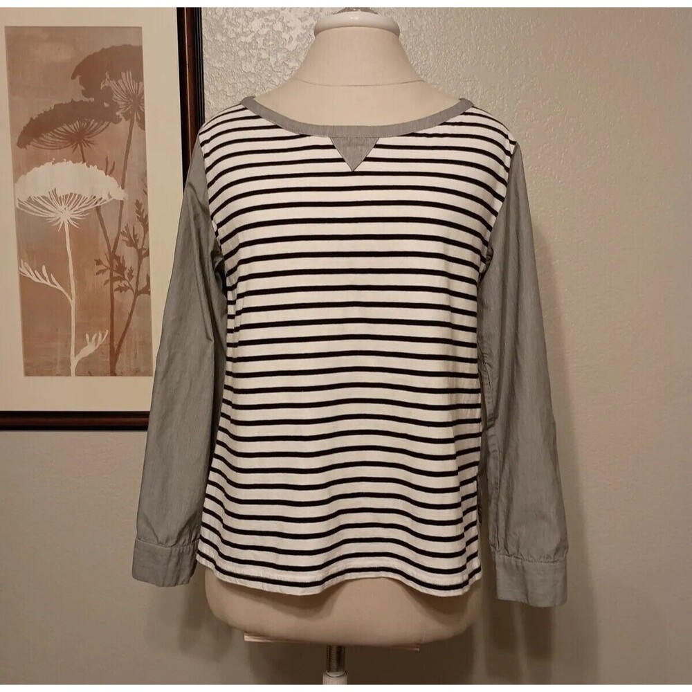 Postmark Anthropologie Size S Striped Mixed Media Top Black White Gray Roll Tab